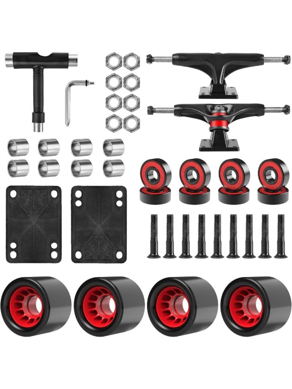 70mm 80A Skateboard Wheels with T Tool, ABEC-9 Bearings & Spacers - Cruiser Set